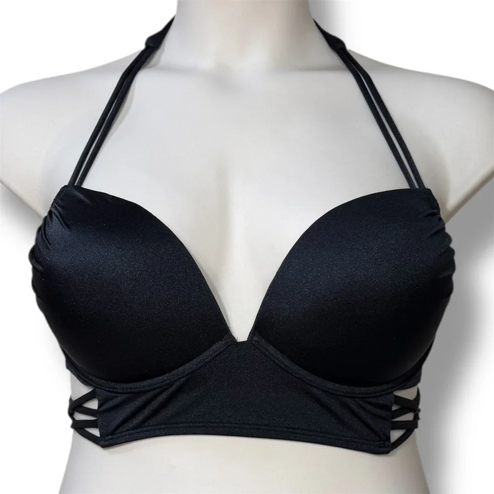 Victorias Secret Black Push Up Halter Bikini Set 36D Large Ruched High‎ Waist